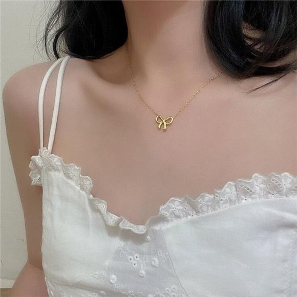 Ribbon Gold Necklace Dainty Ribbon Pendant 18K Gold Plated Coquette Gift for Her